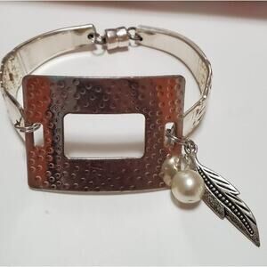 Hammered Square Vintage Spoon Bracelet with Pearl Charm Handmade